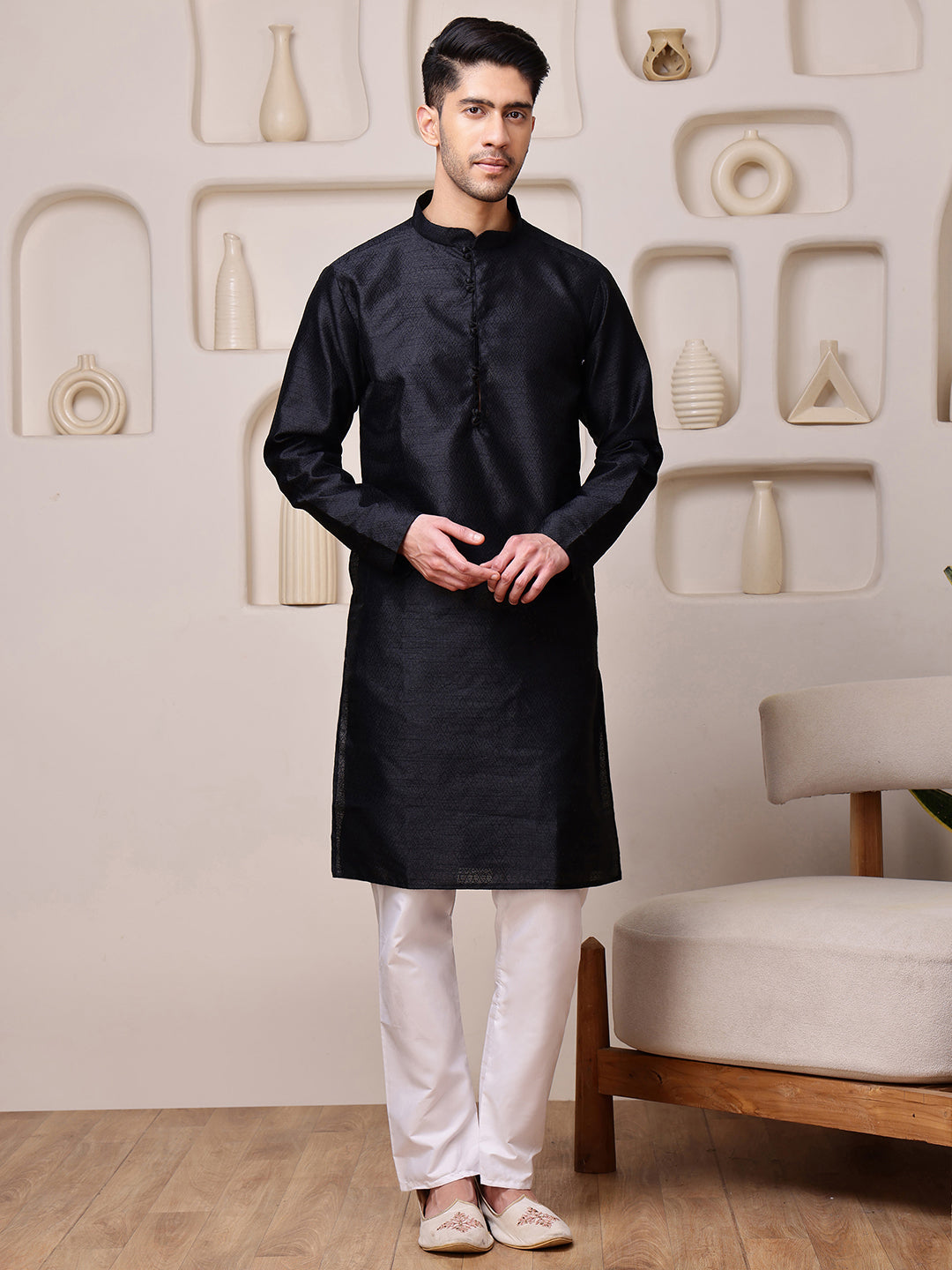 Black Jacquard Kurta with Diamond Buti
