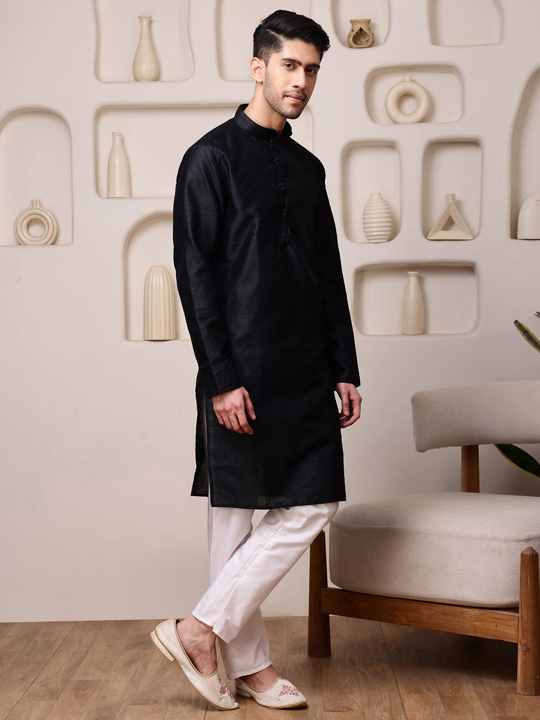 Black Jacquard Kurta with Diamond Buti