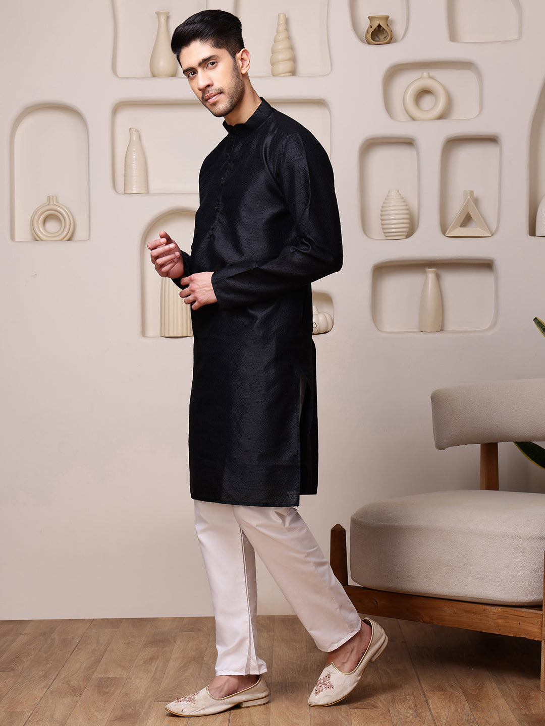 Black Jacquard Kurta with Diamond Buti