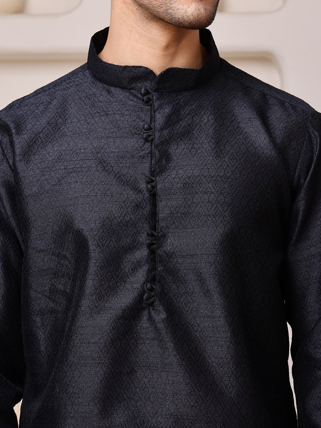 Black Jacquard Kurta with Diamond Buti