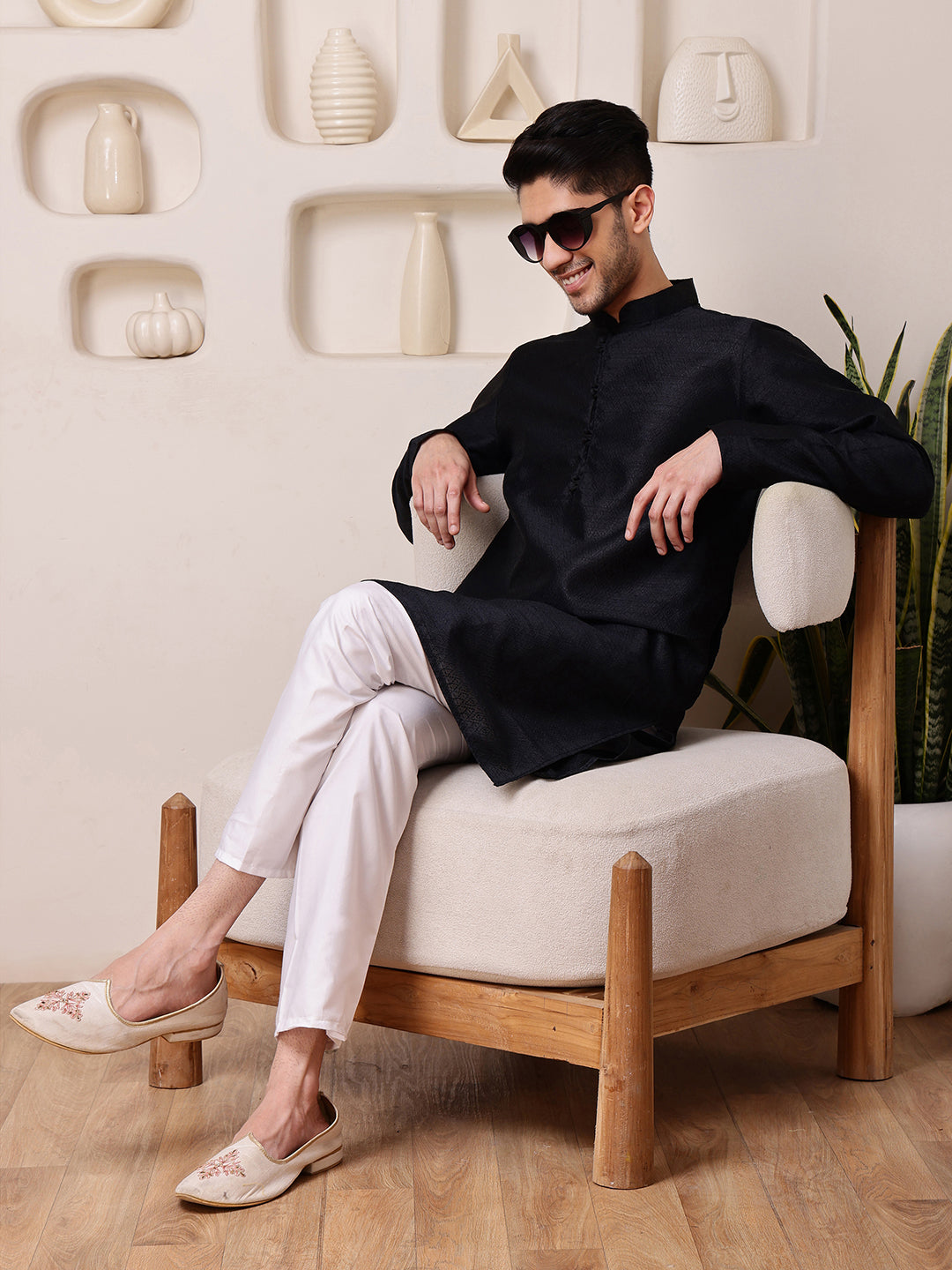 Black Jacquard Kurta with Diamond Buti