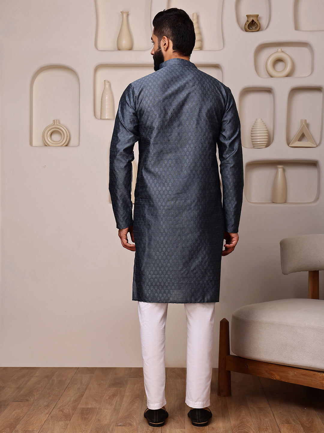 Grey Jacquard Kurta with Mini Buti