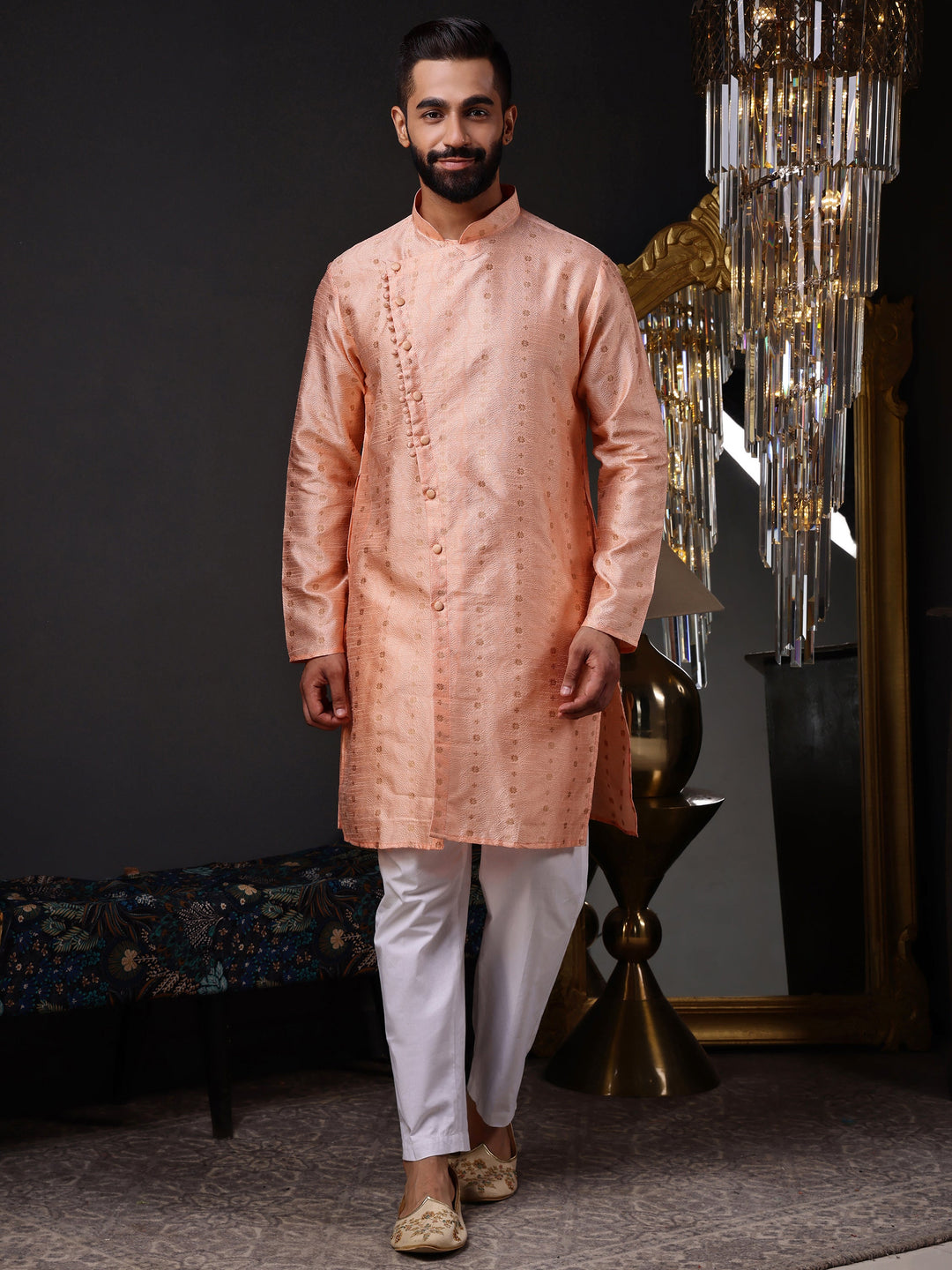 Men's designer peach silk blend kurta with a stylish angrakha-style side placket