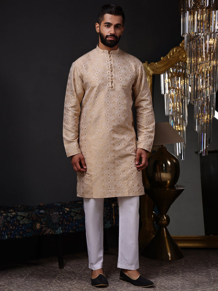 Men's beige and gold silk blend kurta with a stunning diamond jacquard weave