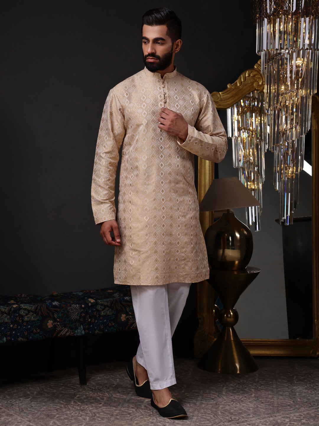 Back view of the structured silk blend jacquard kurta, showcasing its impeccable tailoring and rich texture