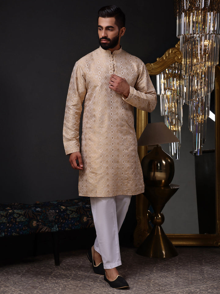 Back view of the structured silk blend jacquard kurta, showcasing its impeccable tailoring and rich texture
