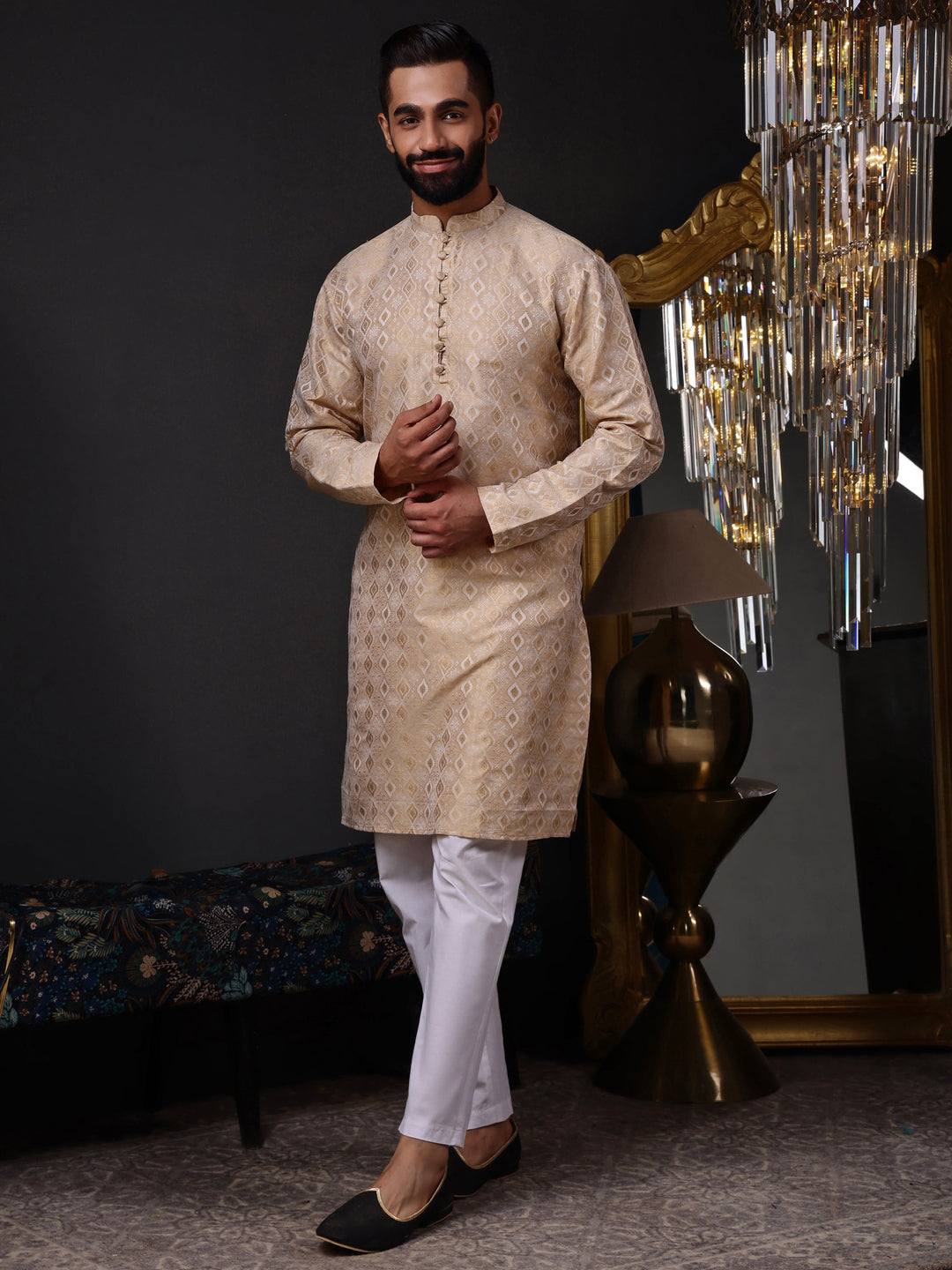 Beige-gold mandarin collar kurta for men, an opulent choice for receptions and grand festive parties