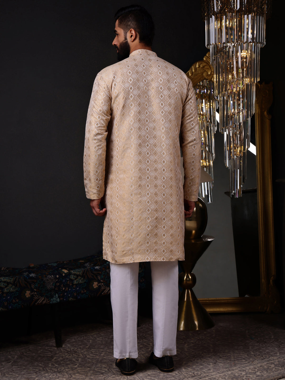 Stylish beige-gold traditional kurta for men, designed for grooms, groomsmen, and festive celebrations