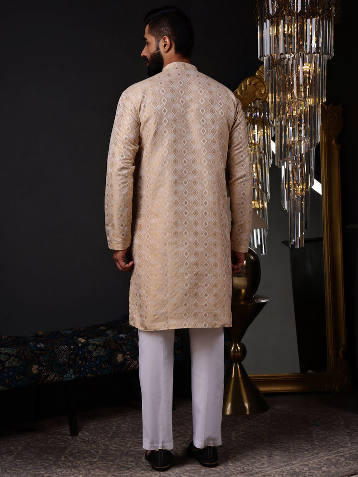 Stylish beige-gold traditional kurta for men, designed for grooms, groomsmen, and festive celebrations