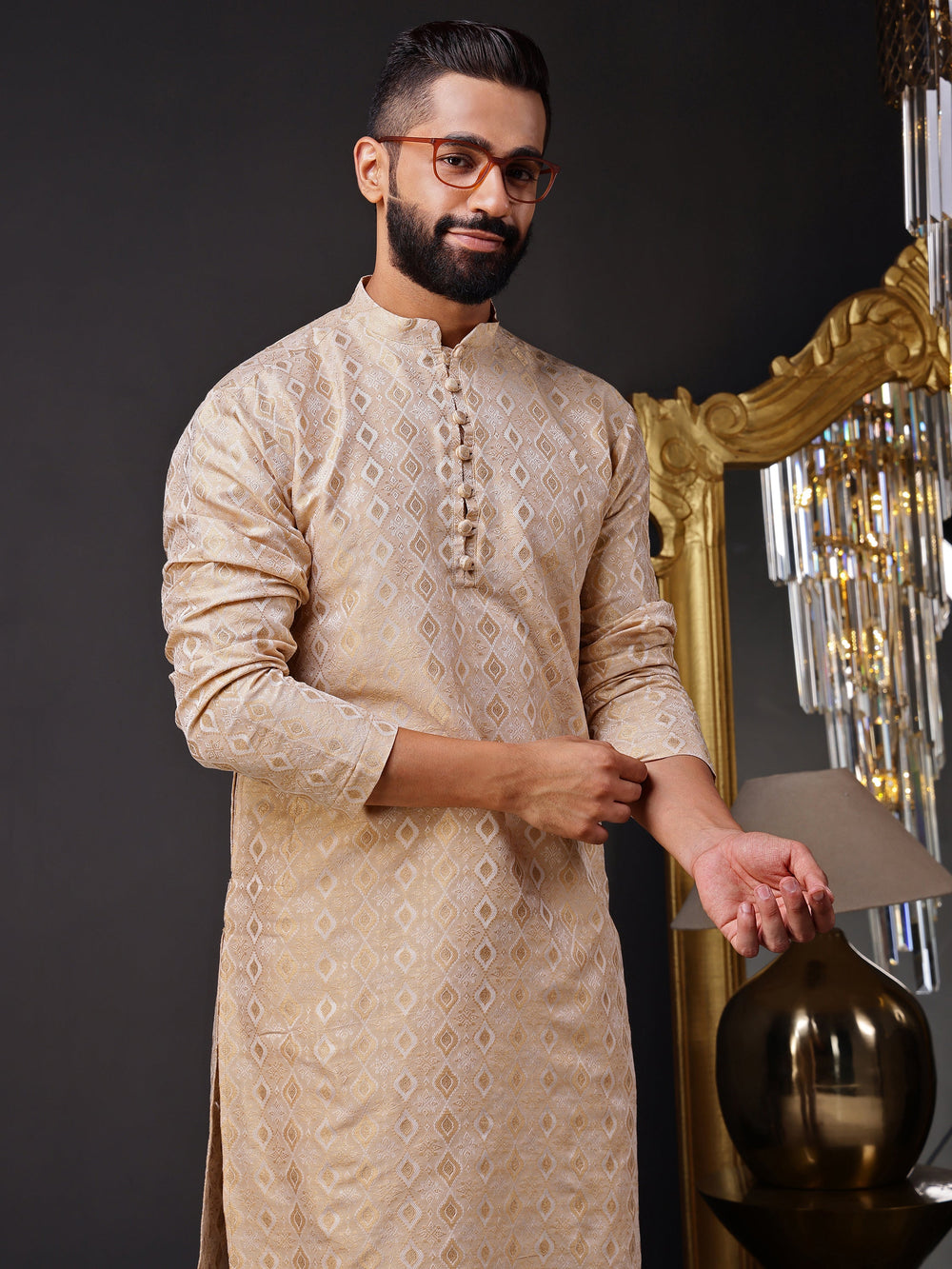 Regal beige-gold jacquard kurta for men, featuring ornate potli buttons, perfect for wedding ceremonies
