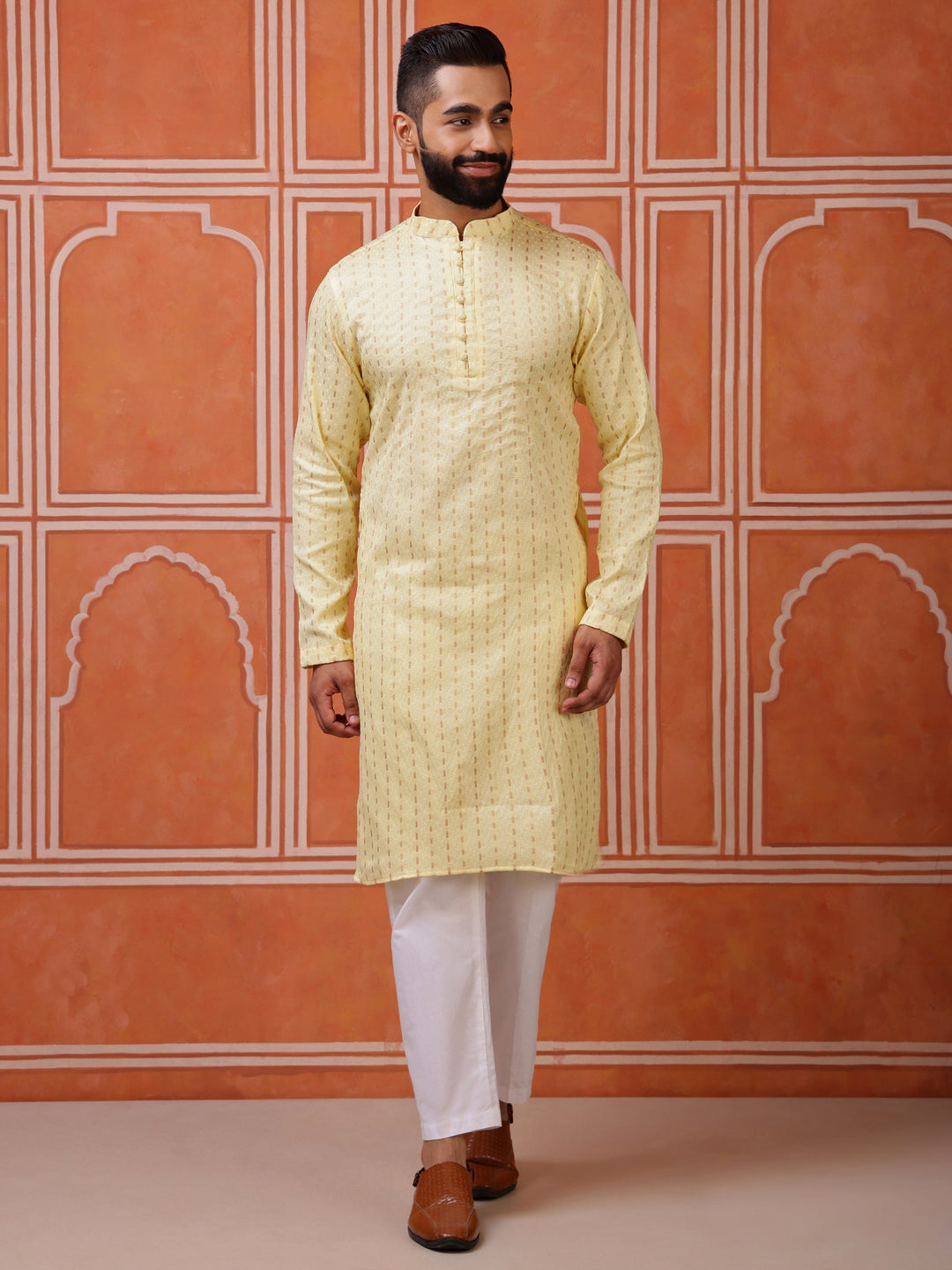 Men's light yellow Silk blend kurta with a subtle striped and dotted dobby weave