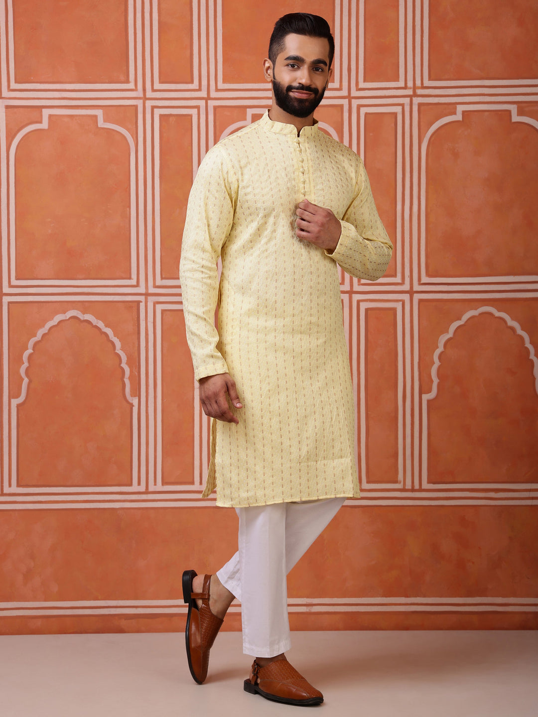 Close-up of the fine dobby weave and classic fabric-covered potli buttons on a men's yellow kurta