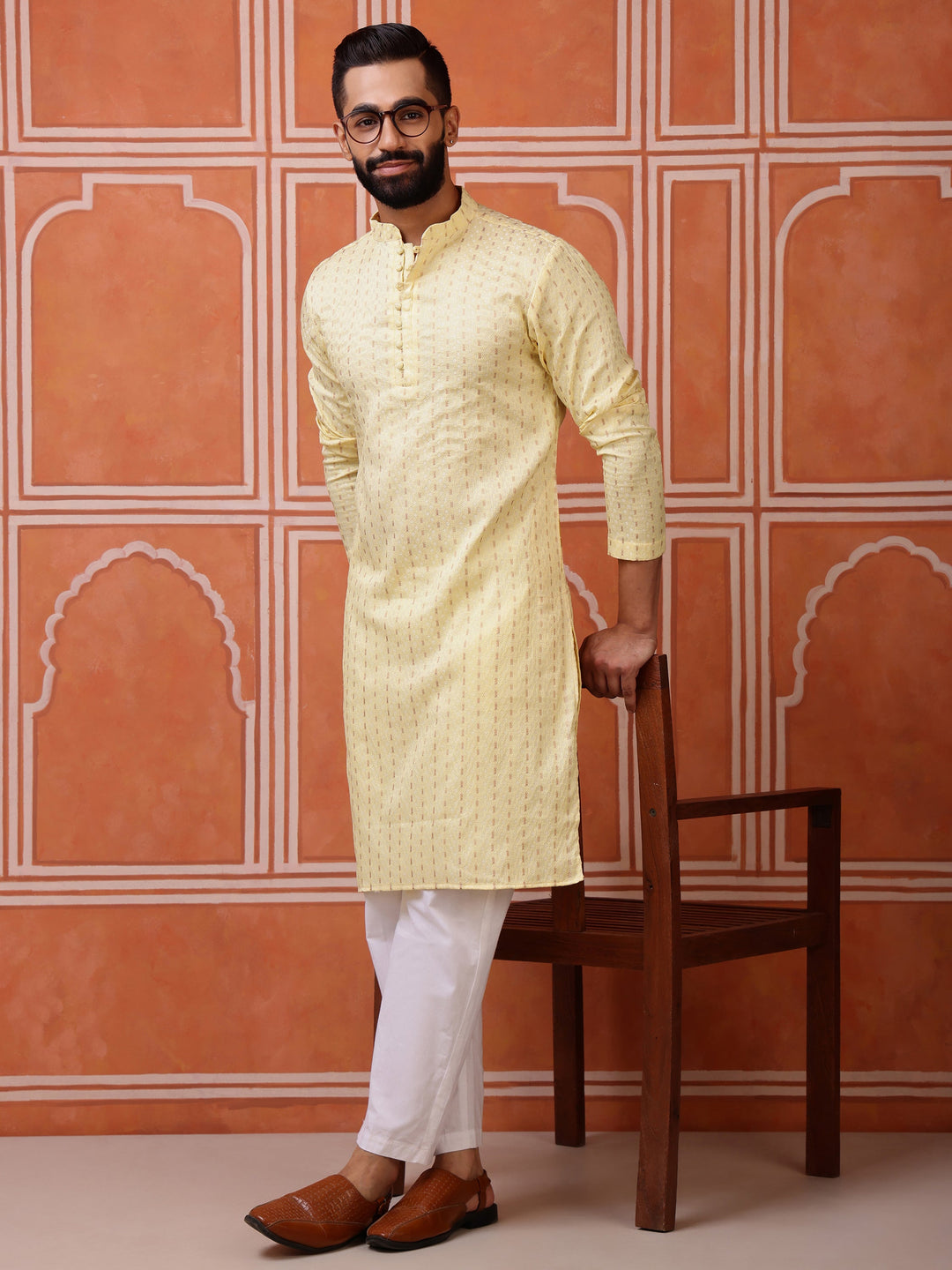 Back view of the yellow dobby weave kurta, showcasing its clean design and comfortable fit