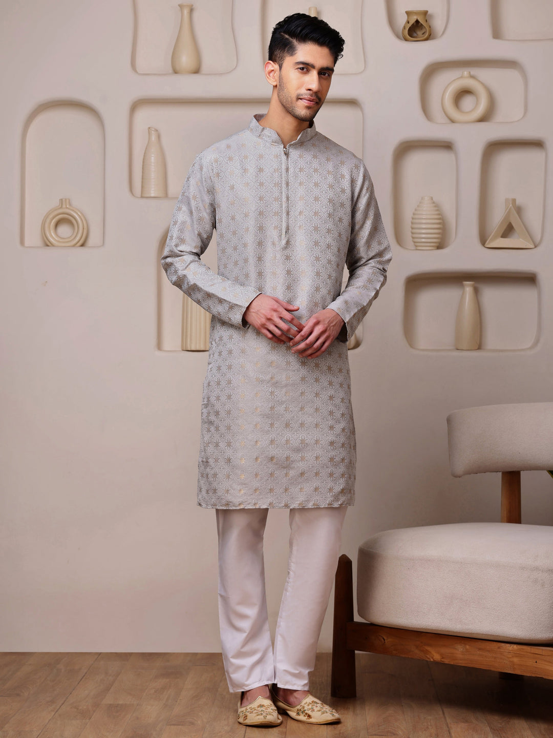 Men's light grey silk blend kurta with intricate gold jacquard floral and geometric patterns