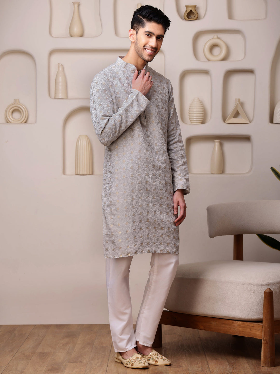 Stylish grey silk blend traditional kurta for men, offering a modern and opulent look for evening events