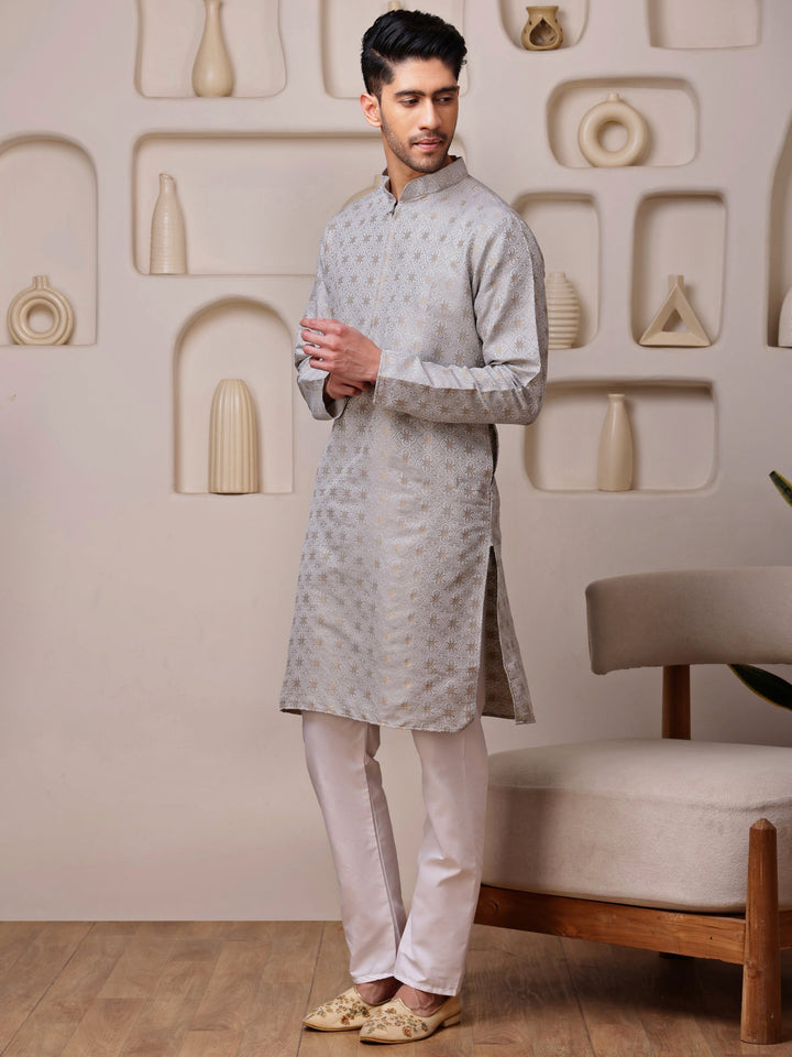 Shop the latest grey and gold jacquard kurta for men, a statement piece for wedding receptions and grand celebrations