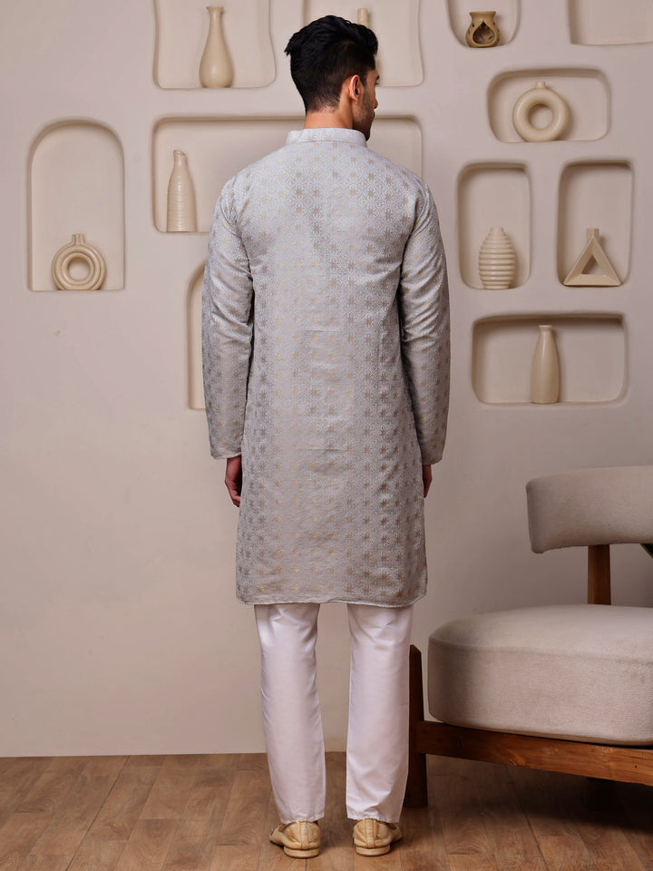 Back view of the grey-gold jacquard kurta, showcasing its rich texture and seamless design