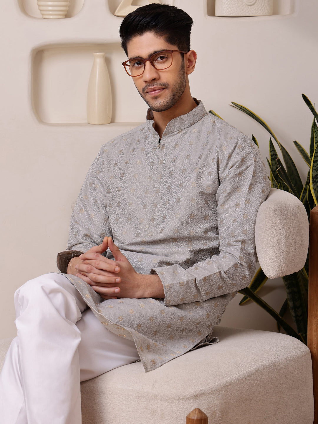 Luxurious grey and gold jacquard kurta for men, perfect for weddings, parties, and festive celebrations