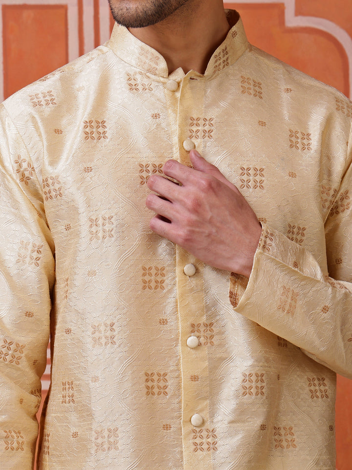 Sophisticated beige jacquard kurta for men with a modern concealed placket, ideal for weddings