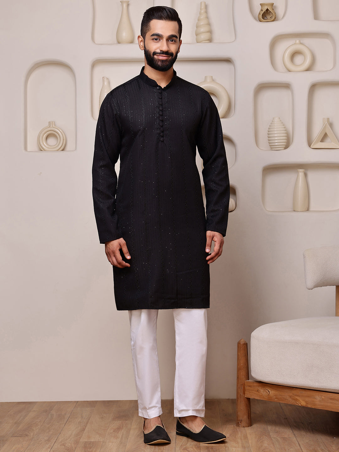 Black Embroidered Kurta with Sequin Dots