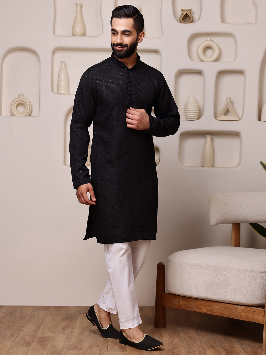 Black Embroidered Kurta with Sequin Dots