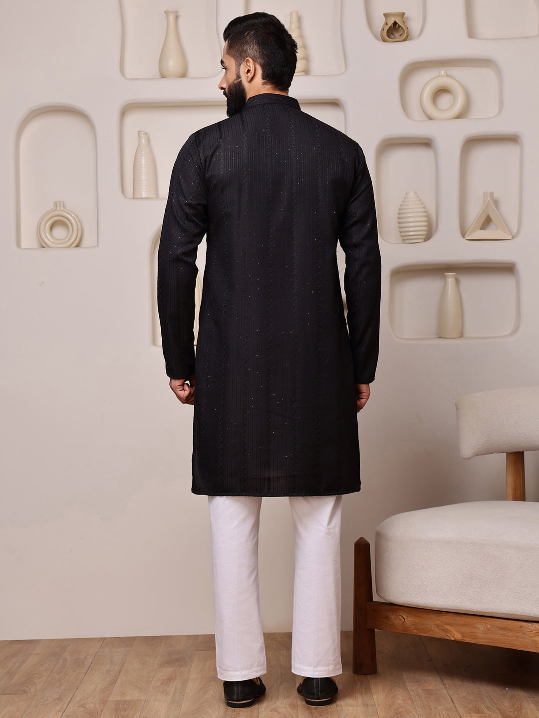 Black Embroidered Kurta with Sequin Dots