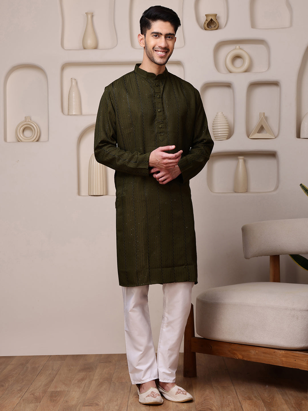 Green Embroidered Kurta with Sequins dots