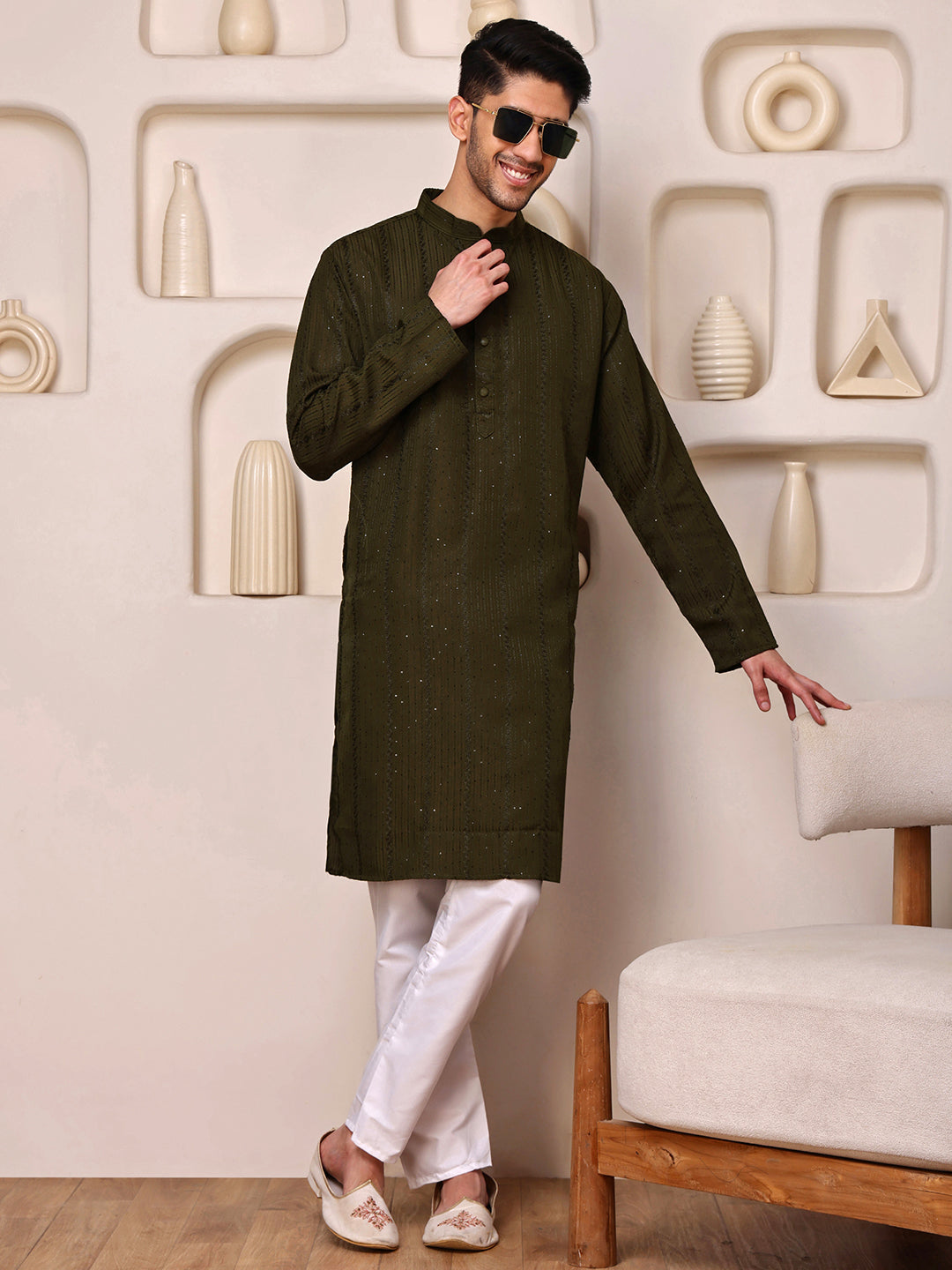 Green Embroidered Kurta with Sequins dots