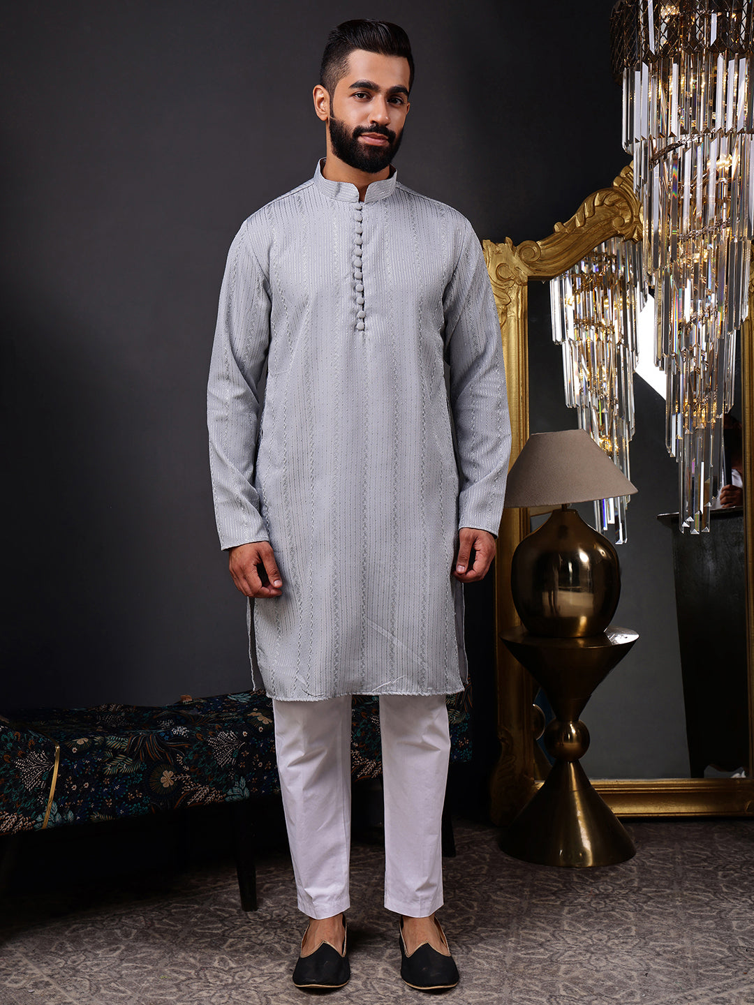 Grey Embroidered Kurta with Vertical Sequins Stripe