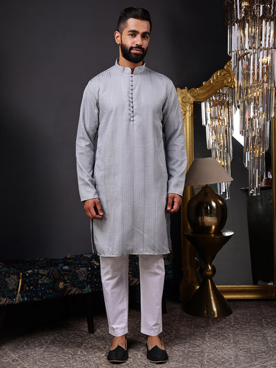 Grey Embroidered Kurta with Vertical Sequins Stripe