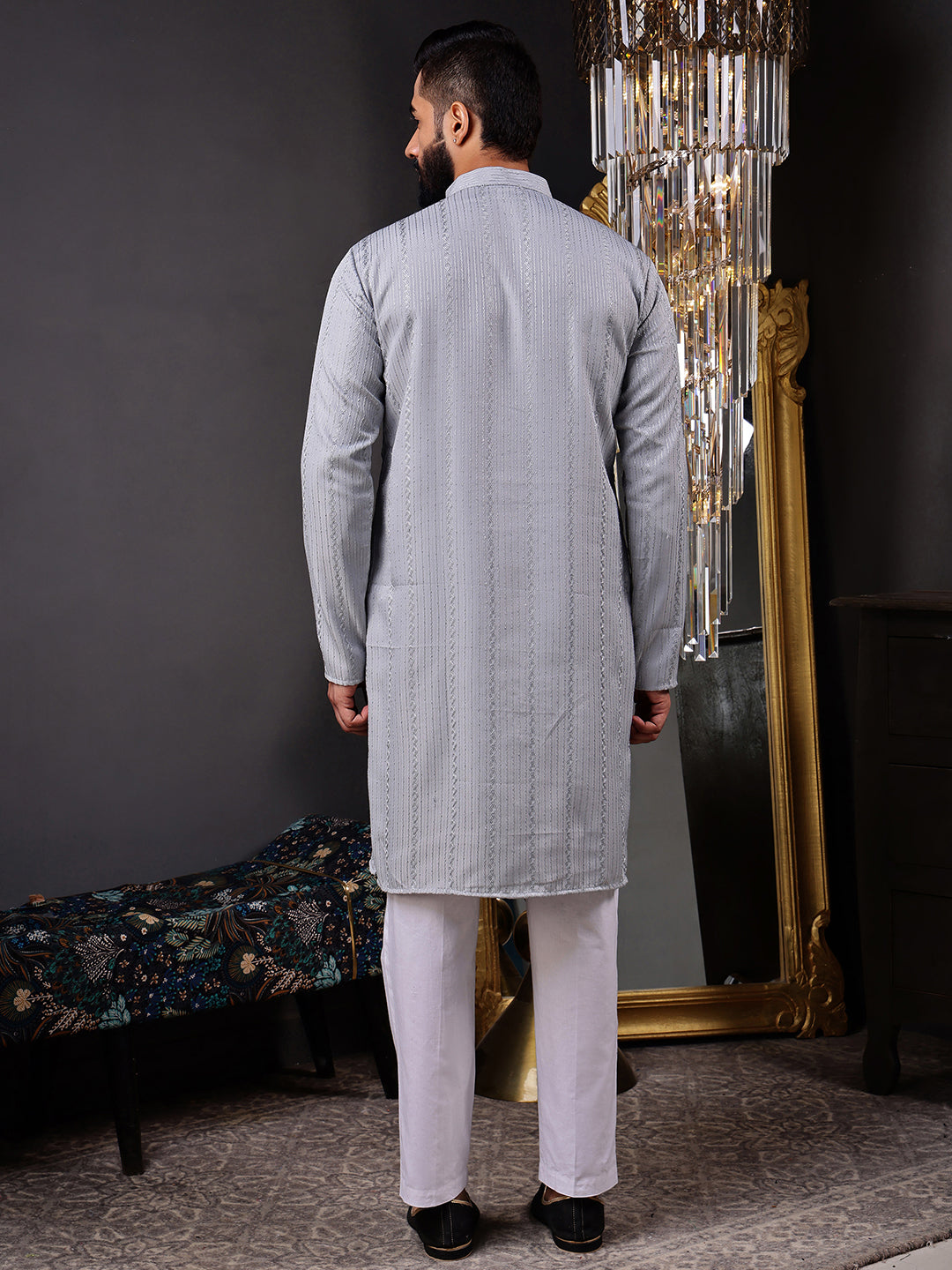 Grey Embroidered Kurta with Vertical Sequins Stripe