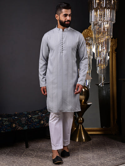 Grey Embroidered Kurta with Vertical Sequins Stripe