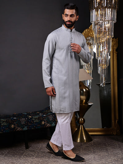 Grey Embroidered Kurta with Vertical Sequins Stripe