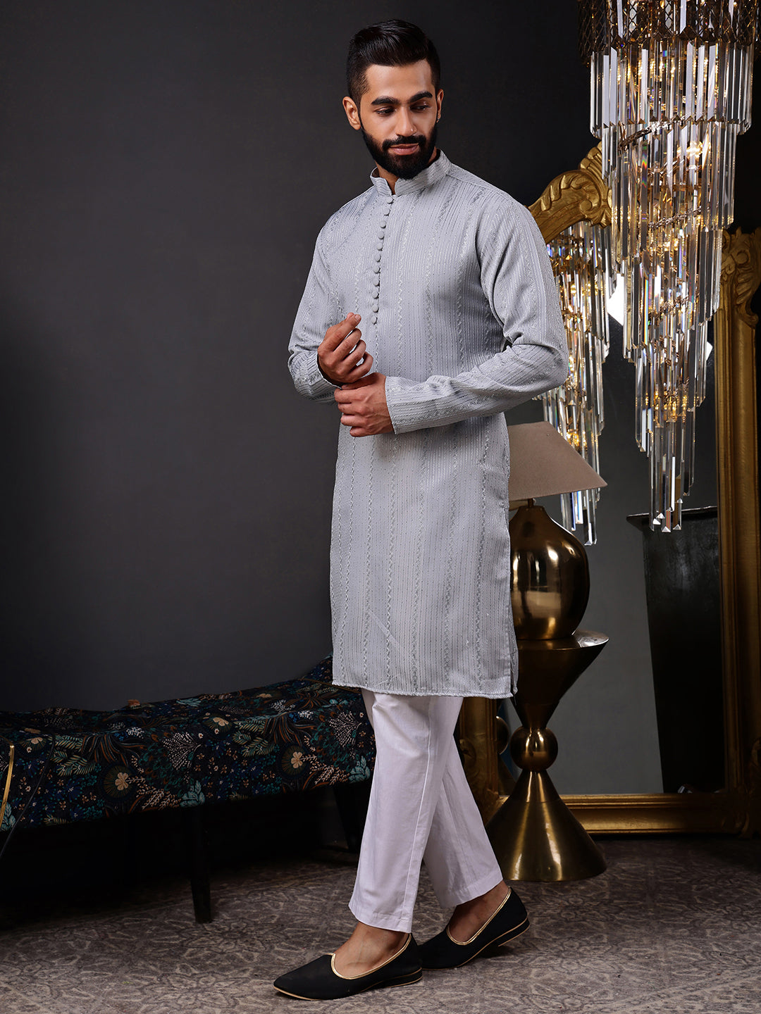 Grey Embroidered Kurta with Vertical Sequins Stripe