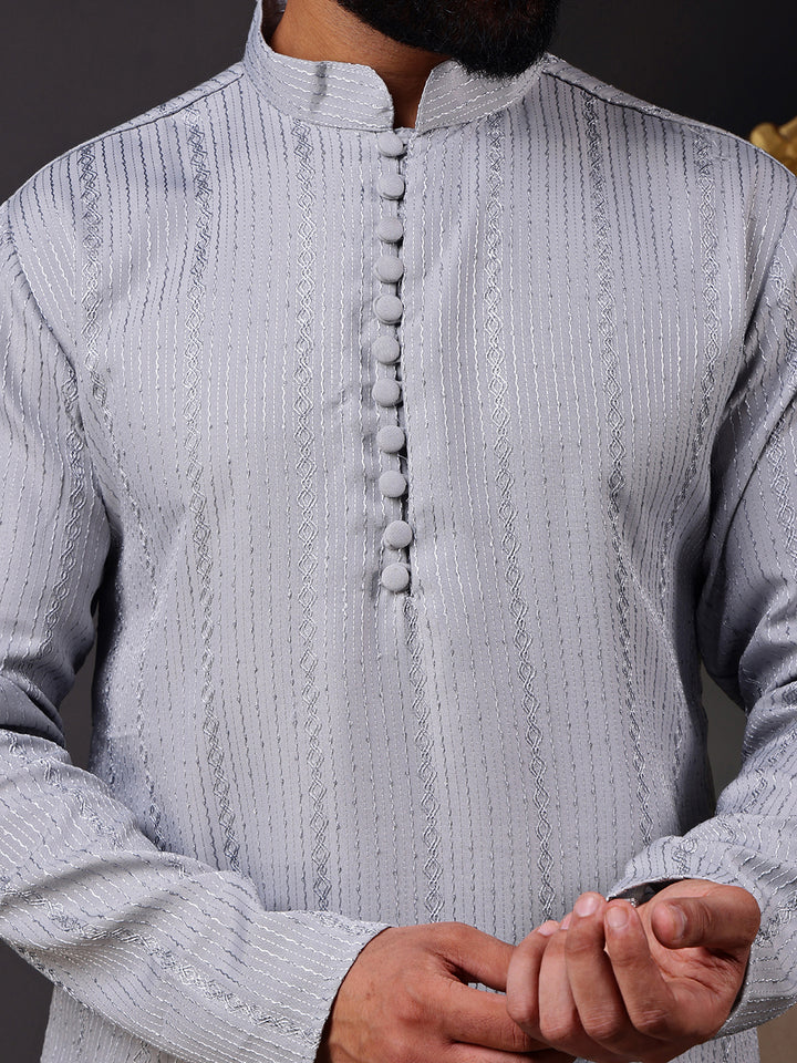 Grey Embroidered Kurta with Vertical Sequins Stripe