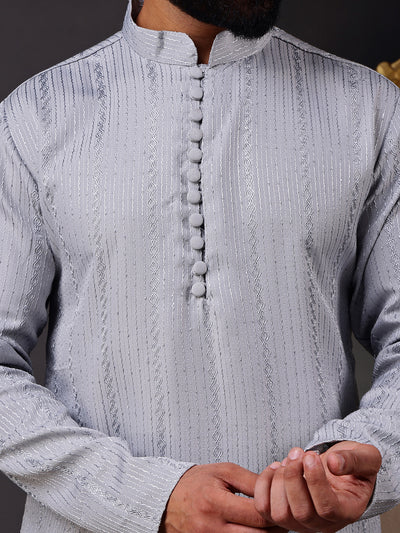 Grey Embroidered Kurta with Vertical Sequins Stripe