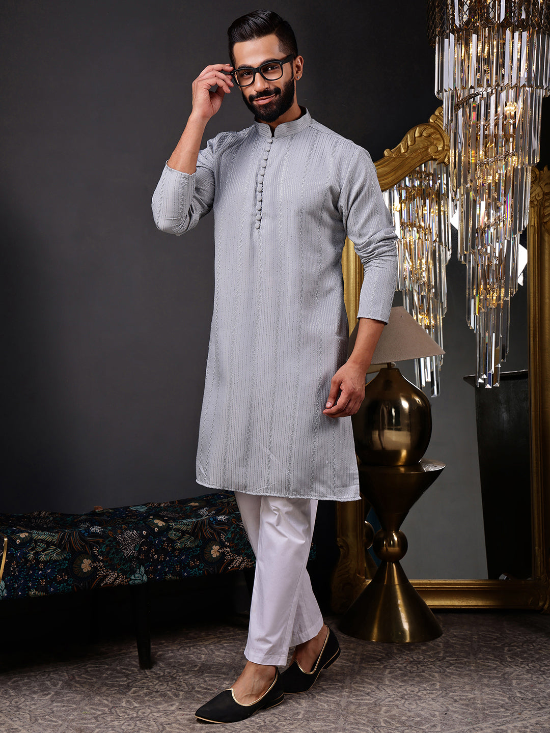 Grey Embroidered Kurta with Vertical Sequins Stripe