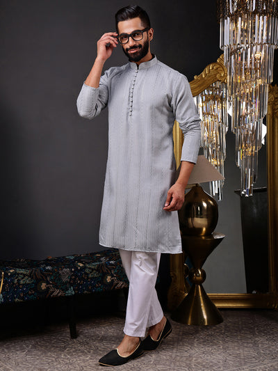 Grey Embroidered Kurta with Vertical Sequins Stripe