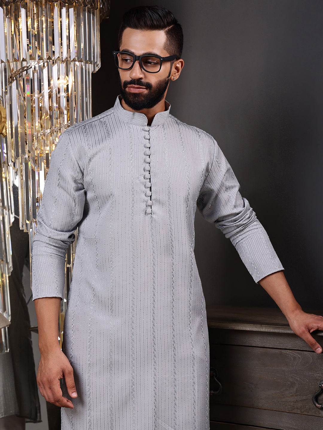 Grey Embroidered Kurta with Vertical Sequins Stripe
