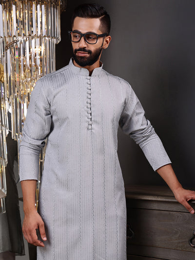 Grey Embroidered Kurta with Vertical Sequins Stripe