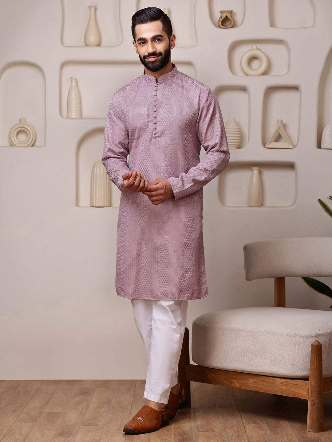 Pink Embroidered Kurta with Vertical Sequins Stripe