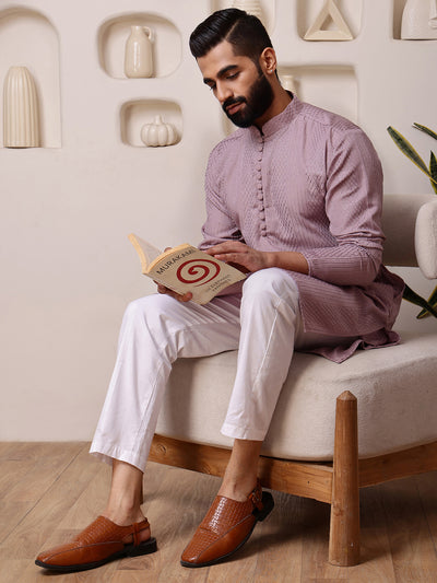 Pink Embroidered Kurta with Vertical Sequins Stripe