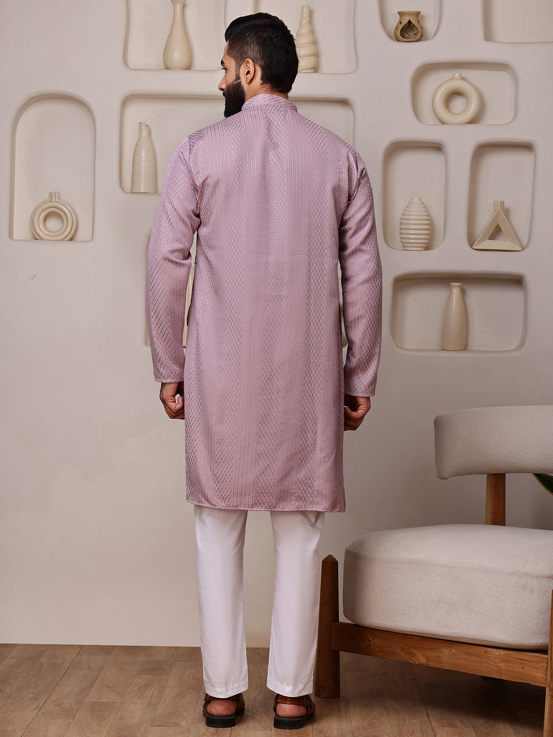 Pink Embroidered Kurta with Vertical Sequins Stripe