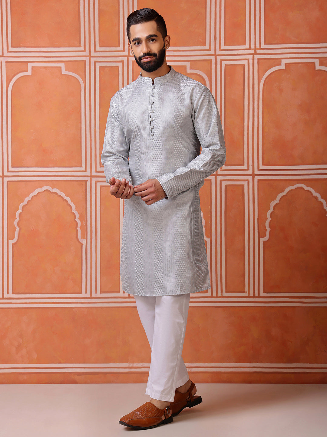 Grey Embroidered Kurta with Mirror Work