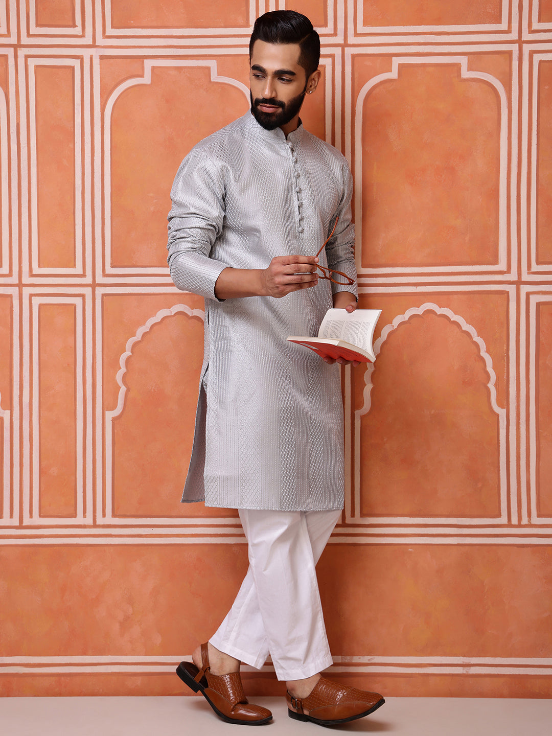 Grey Embroidered Kurta with Mirror Work