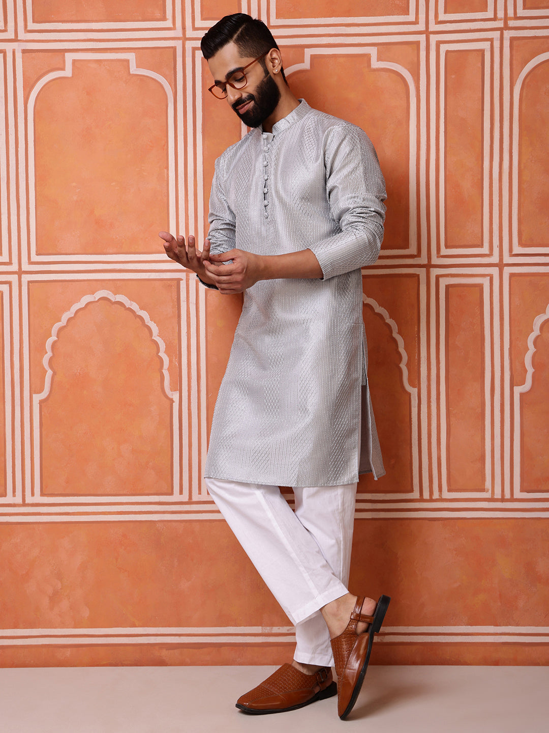 Grey Embroidered Kurta with Mirror Work