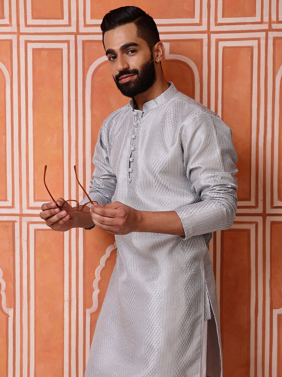 Grey Embroidered Kurta with Mirror Work