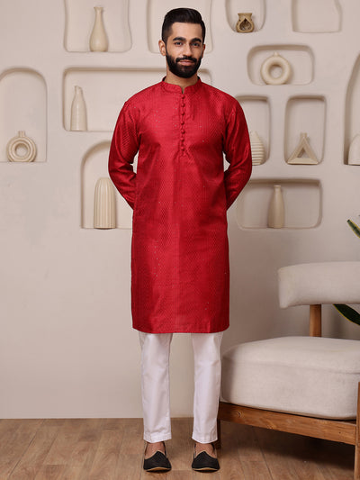 Red Embroidered Kurta with Mirror Work