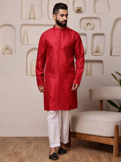 Red Embroidered Kurta with Mirror Work