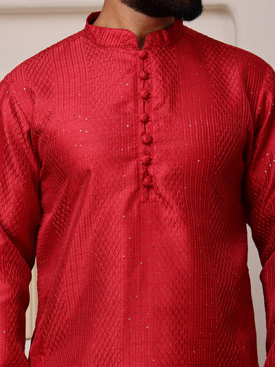 Red Embroidered Kurta with Mirror Work